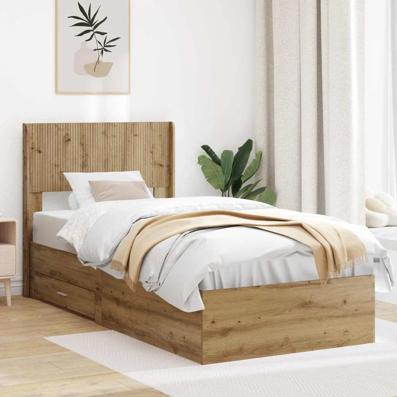 Gyors szállítás vidaXL Ágykeret tárolóval és fejtámlával Kézműves Tölgy 90 x 200 cm