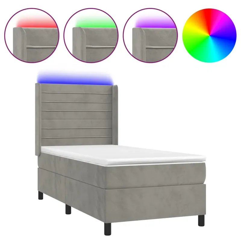 Legkelendőbb világosszürke bársony rugós és LED-es ágy matraccal 90x190 cm